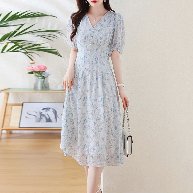 茶歇法式V領雪紡碎花連身裙