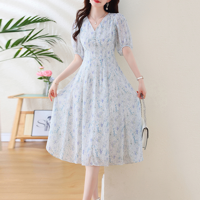 茶歇法式V領雪紡碎花連身裙