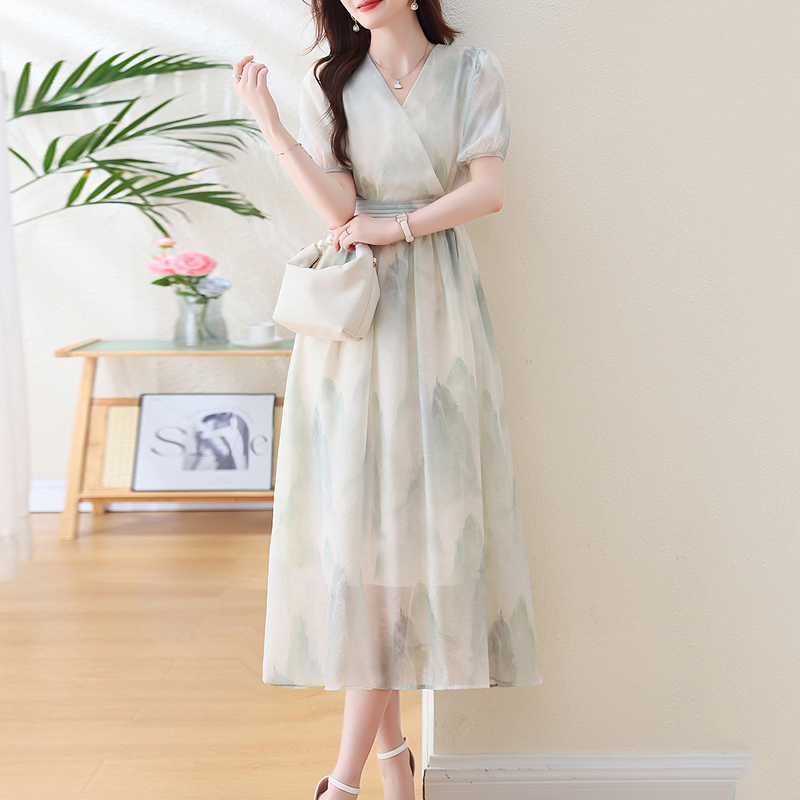 新中式山水風V領泡泡袖連身裙
