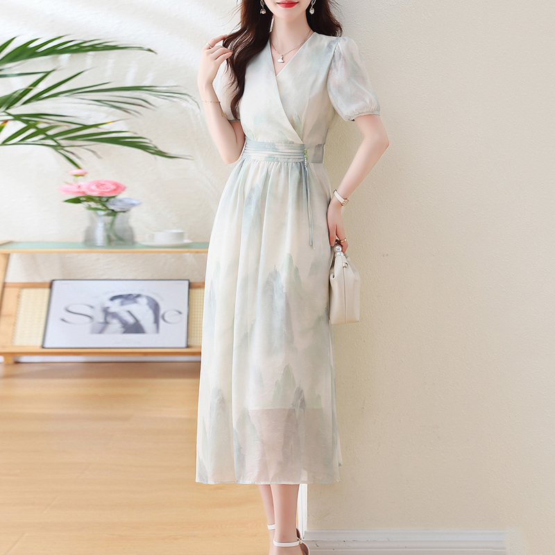新中式山水風V領泡泡袖連身裙