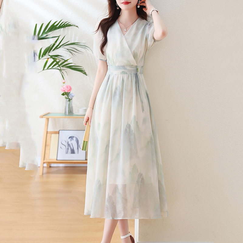 新中式山水風V領泡泡袖連身裙