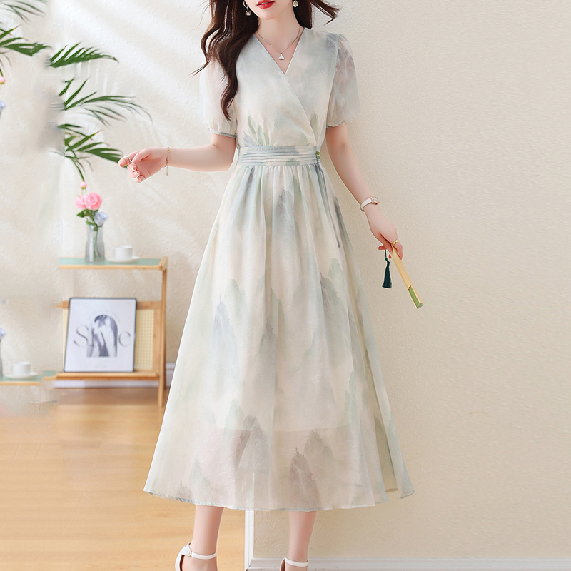 新中式山水風V領泡泡袖連身裙