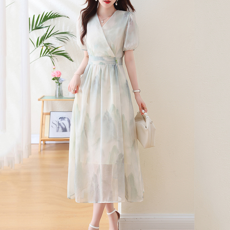 新中式山水風V領泡泡袖連身裙