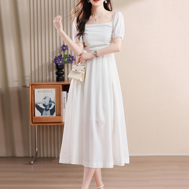 溫柔系純色方領收腰連身裙