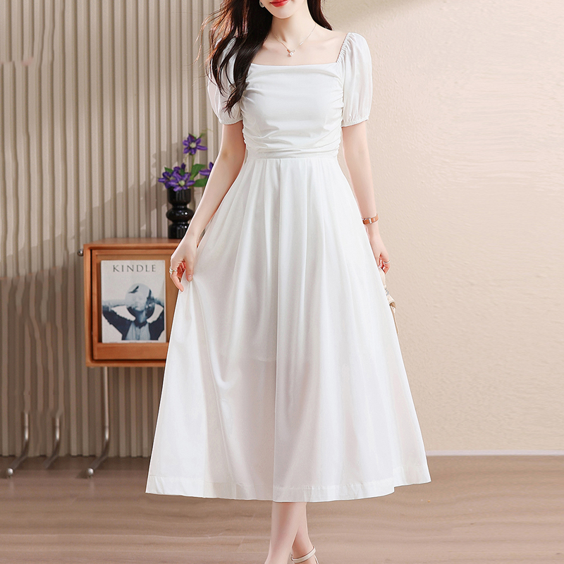 溫柔系純色方領收腰連身裙