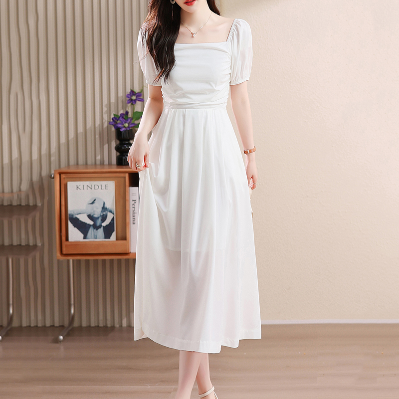 溫柔系純色方領收腰連身裙