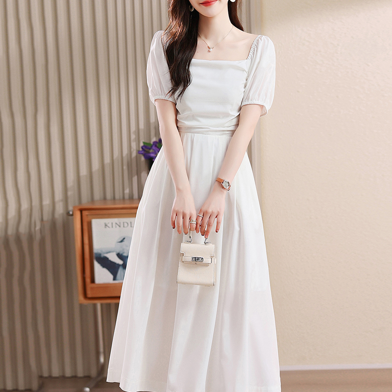 溫柔系純色方領收腰連身裙