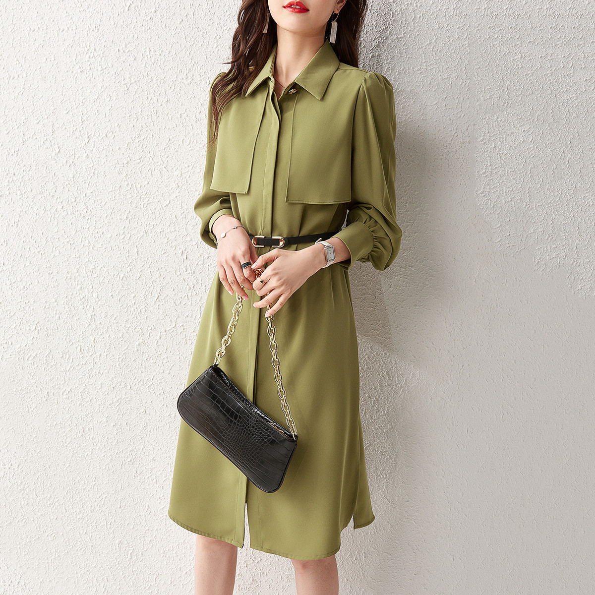 優雅純色襯衫領長袖連身裙