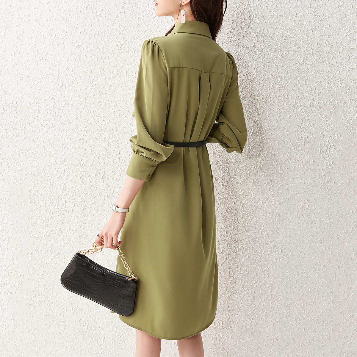 優雅純色襯衫領長袖連身裙