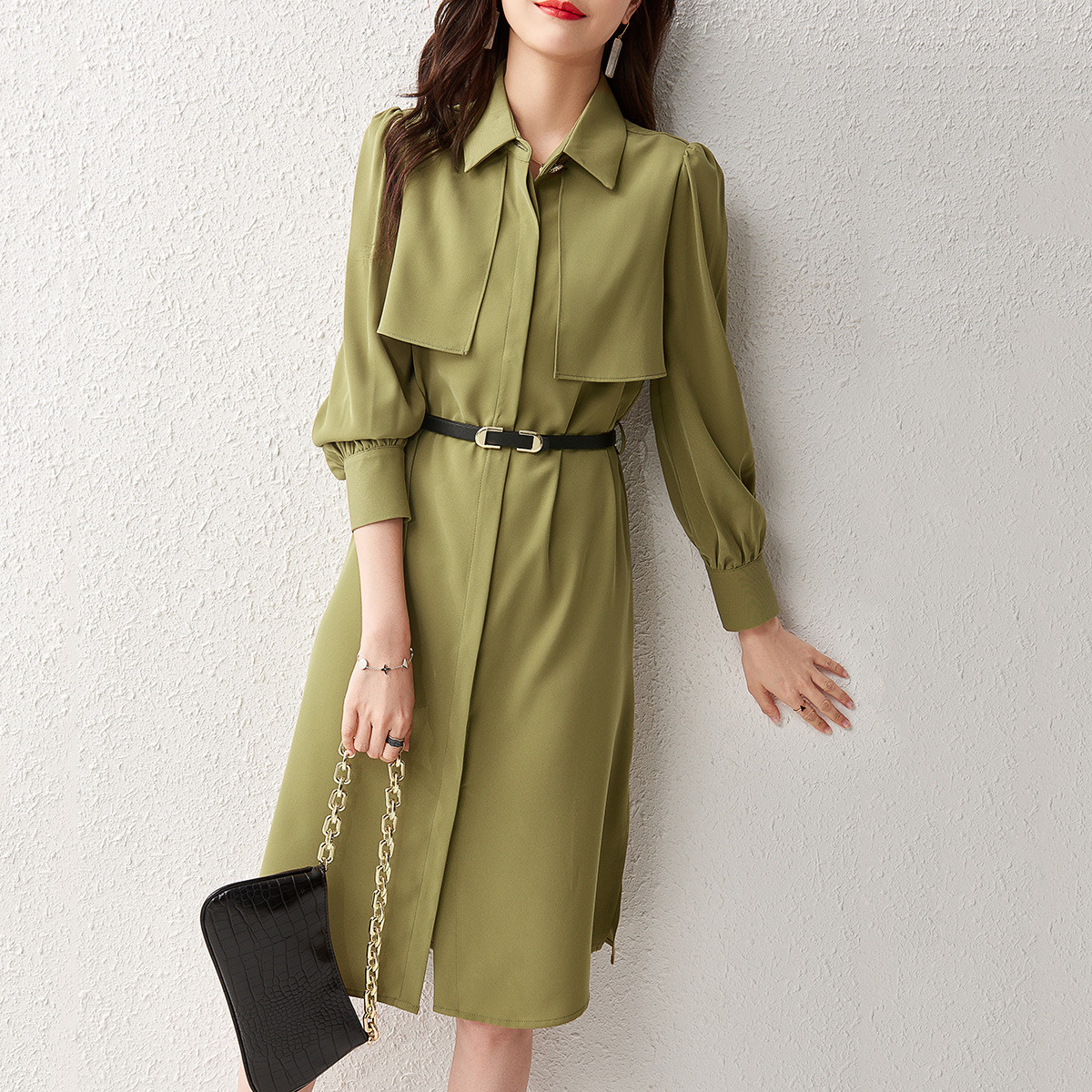 優雅純色襯衫領長袖連身裙