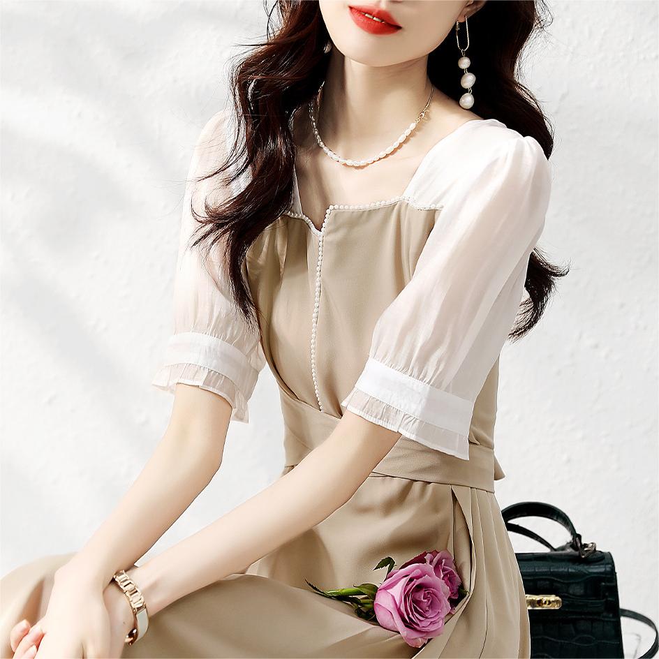 氣質收腰方領拼接洋裝