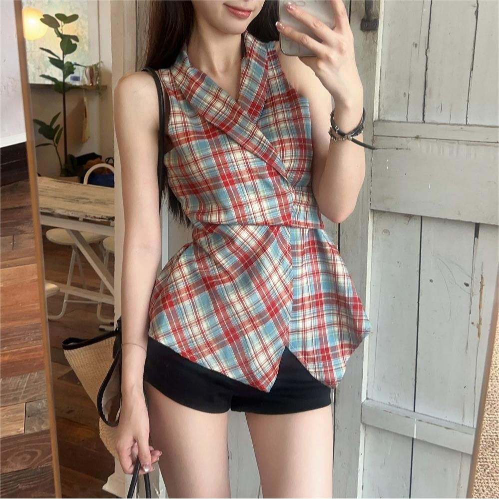 韓版掛脖露肩格子V領扭結無袖背心