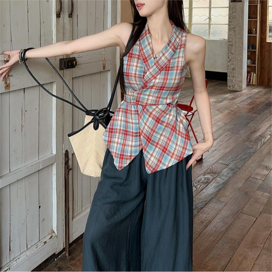 韓版掛脖露肩格子V領扭結無袖背心