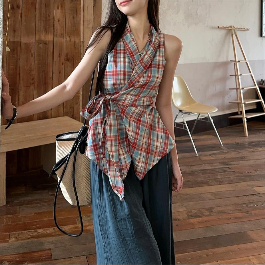 韓版掛脖露肩格子V領扭結無袖背心