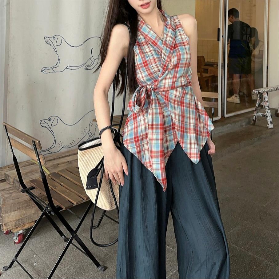 韓版掛脖露肩格子V領扭結無袖背心