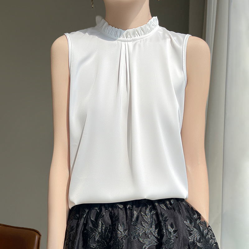 簡約立領無袖絲質緞面背心