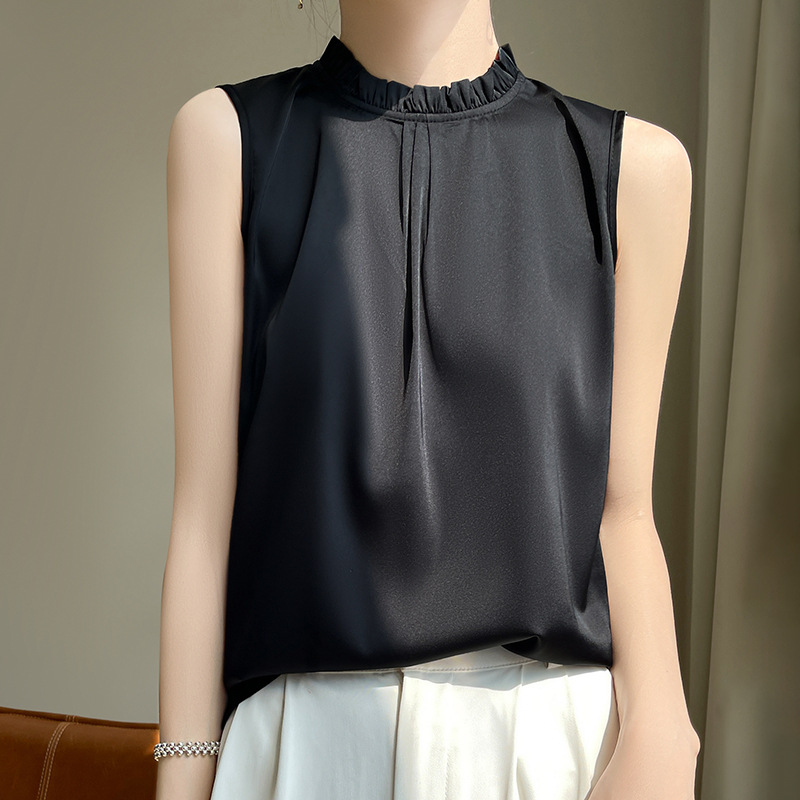 簡約立領無袖絲質緞面背心