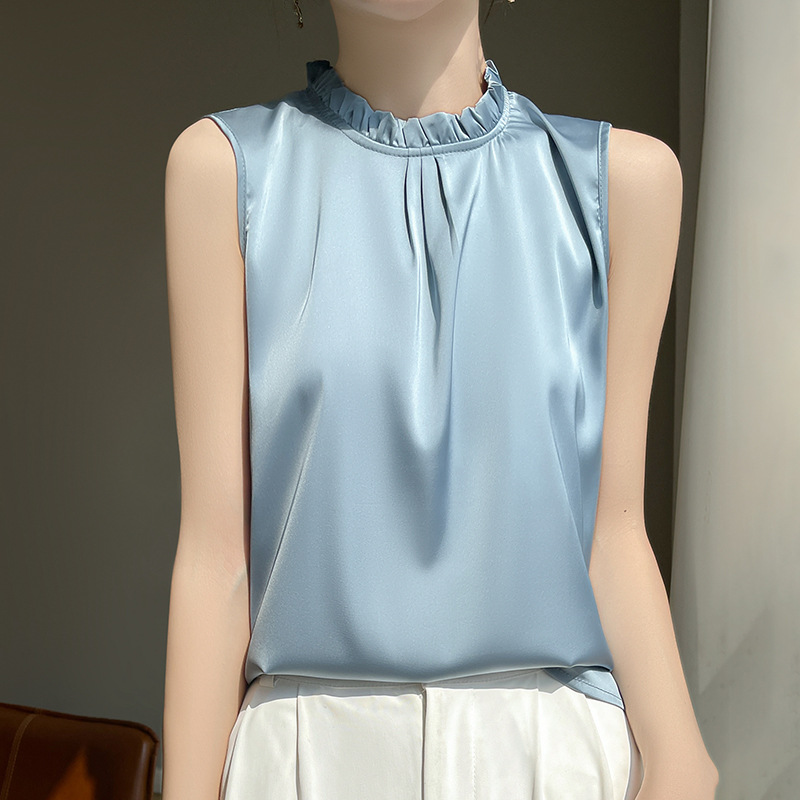 簡約立領無袖絲質緞面背心