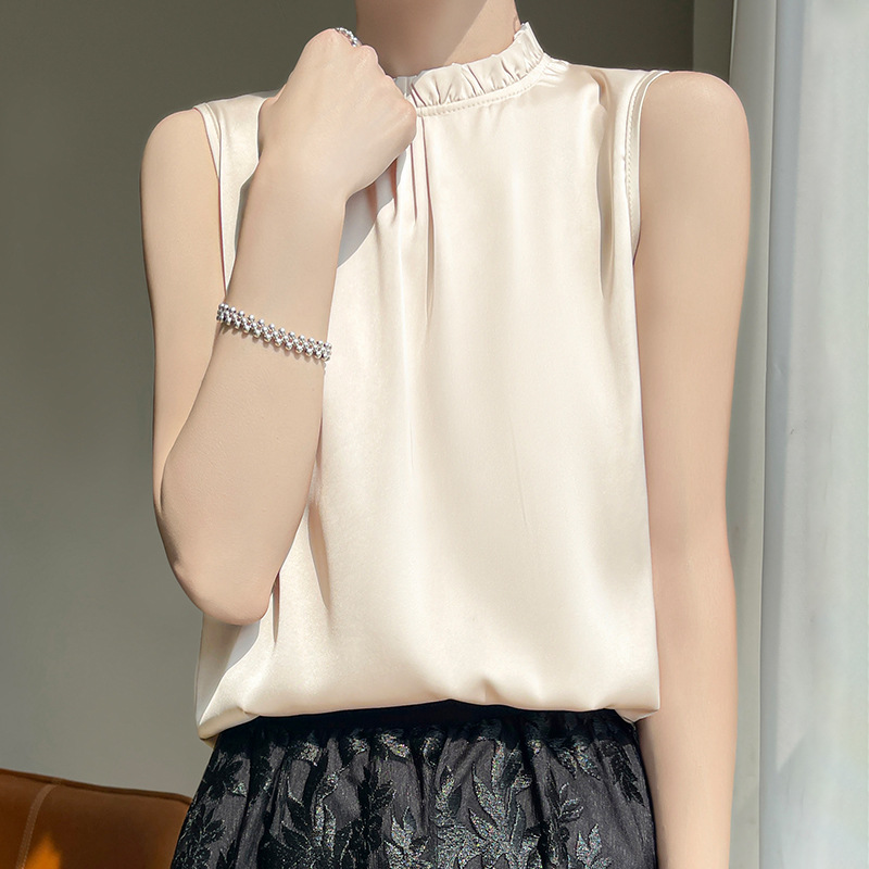 簡約立領無袖絲質緞面背心