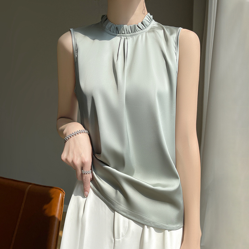 簡約立領無袖絲質緞面背心