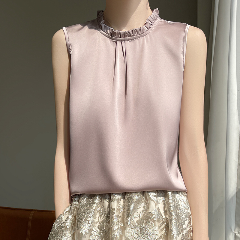 簡約立領無袖絲質緞面背心