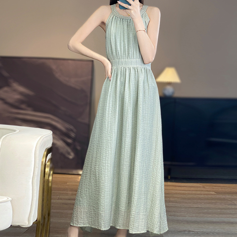 甜美純色花邊圓領長洋裝