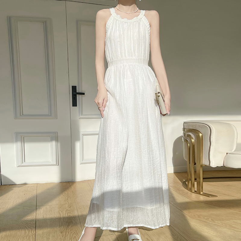 甜美純色花邊圓領長洋裝