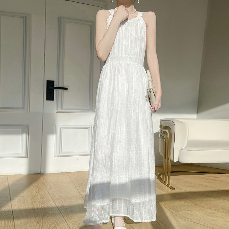 甜美純色花邊圓領長洋裝