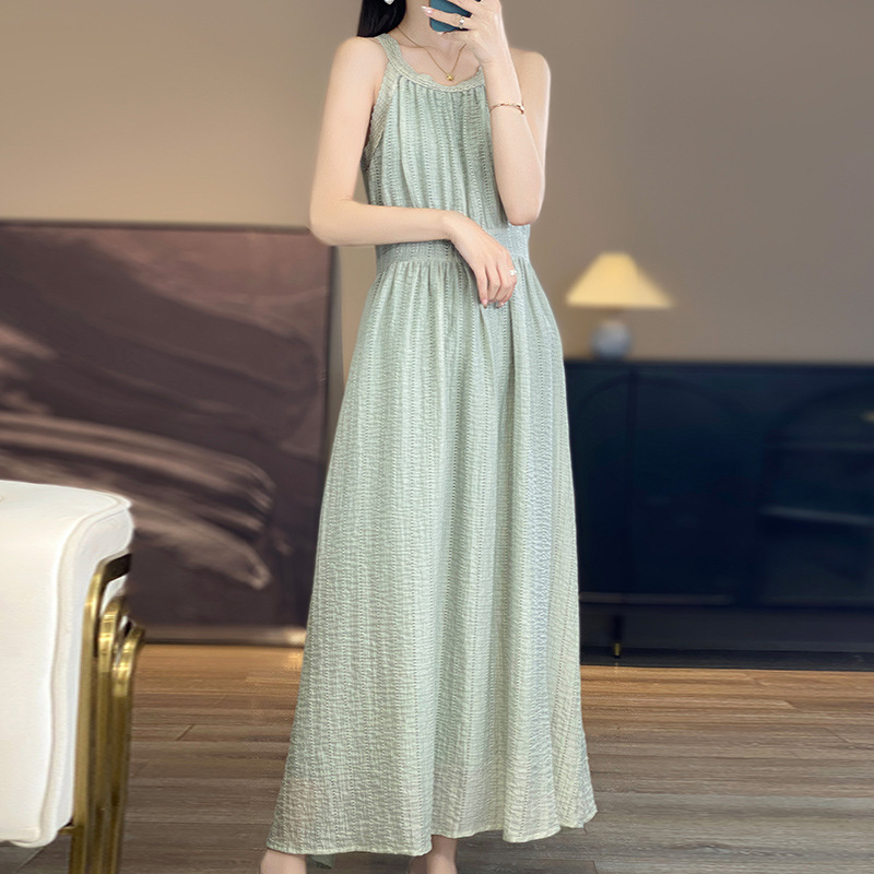 甜美純色花邊圓領長洋裝