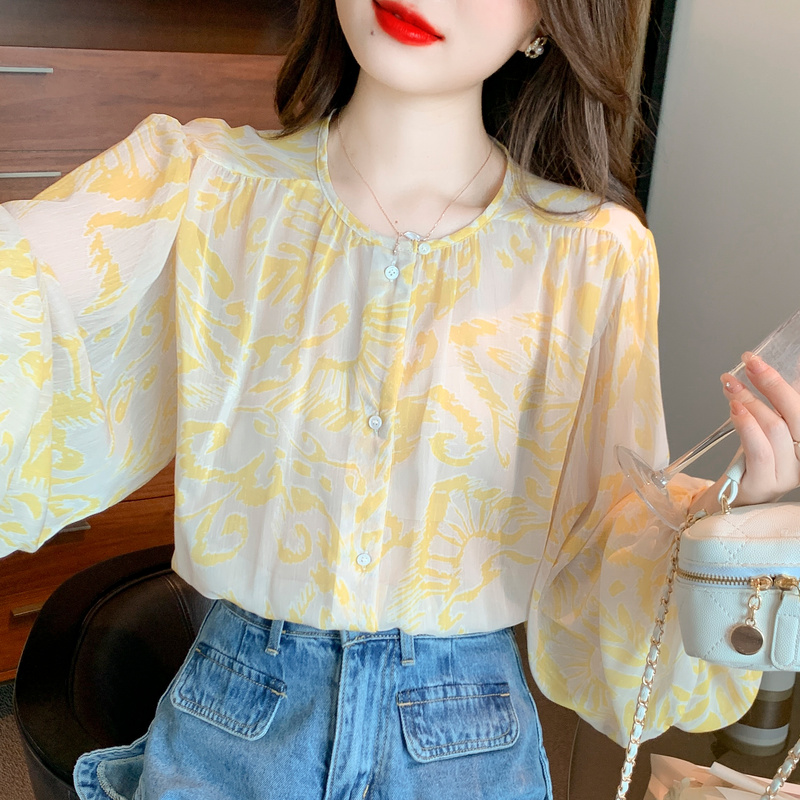 法式別緻印花圓領長袖襯衫