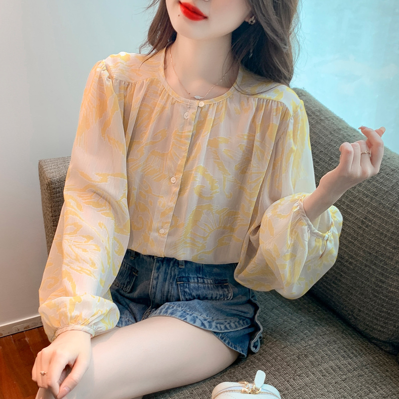 法式別緻印花圓領長袖襯衫