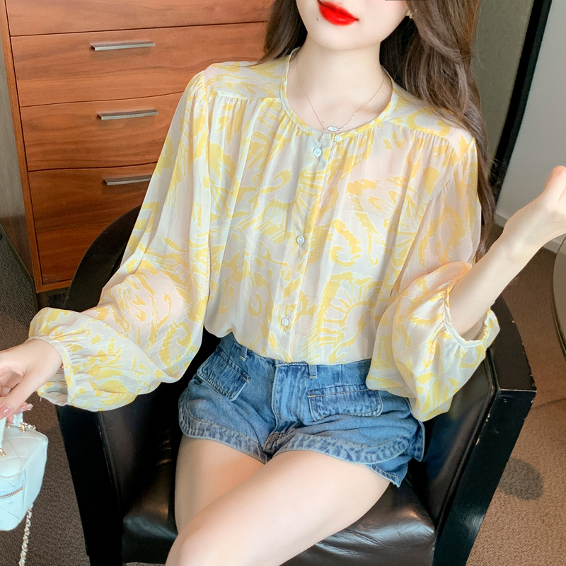 法式別緻印花圓領長袖襯衫