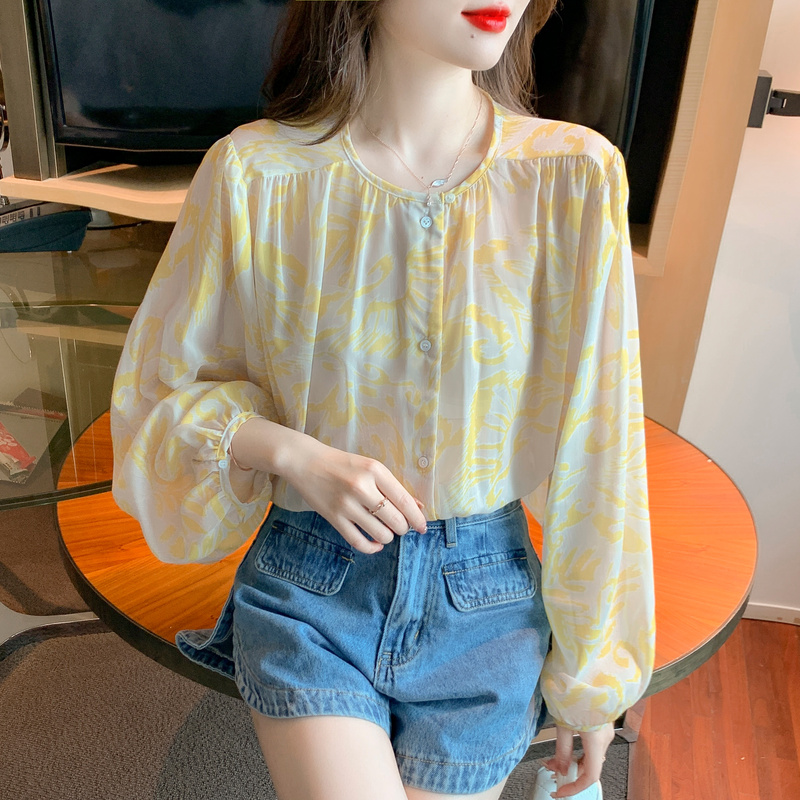 法式別緻印花圓領長袖襯衫