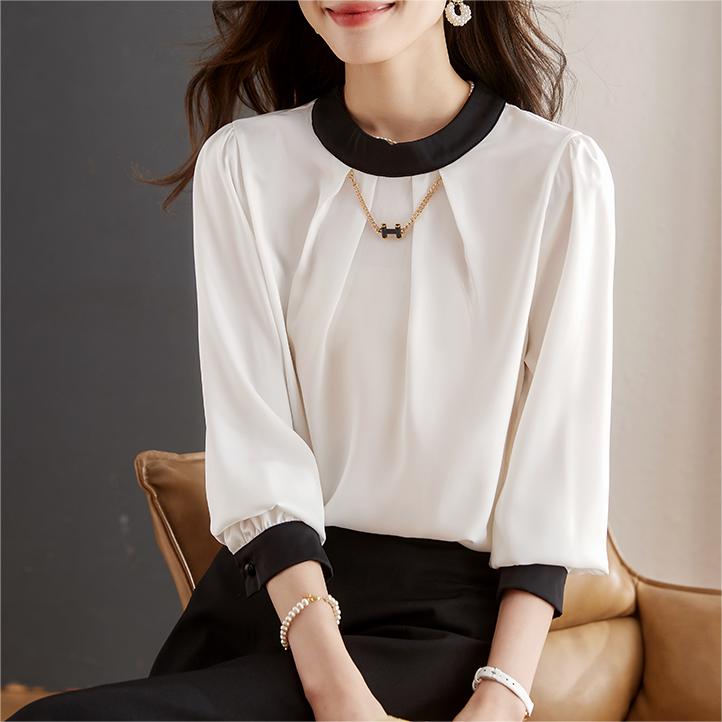 設計感撞色泡泡袖雪紡襯衫