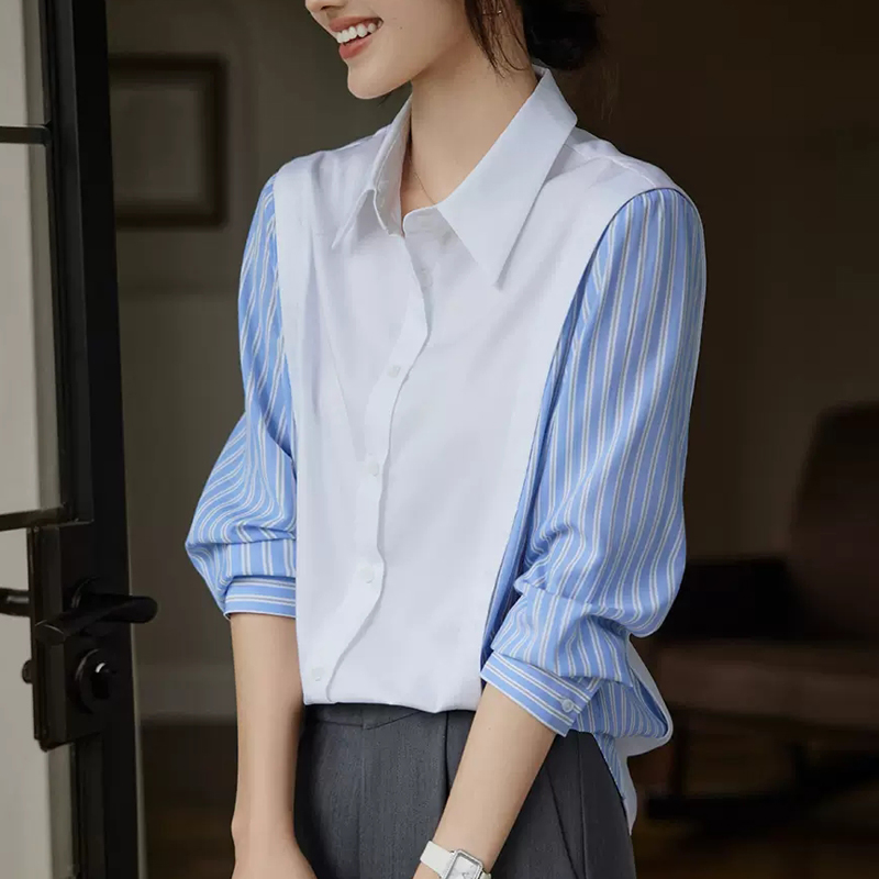 設計感撞色假兩件拼接條紋襯衫