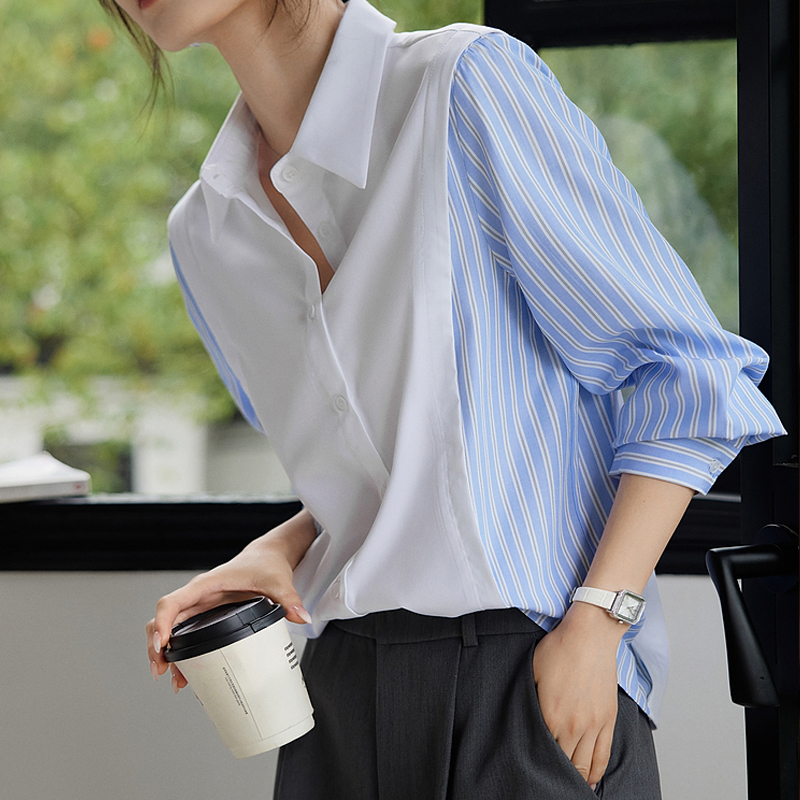 設計感撞色假兩件拼接條紋襯衫
