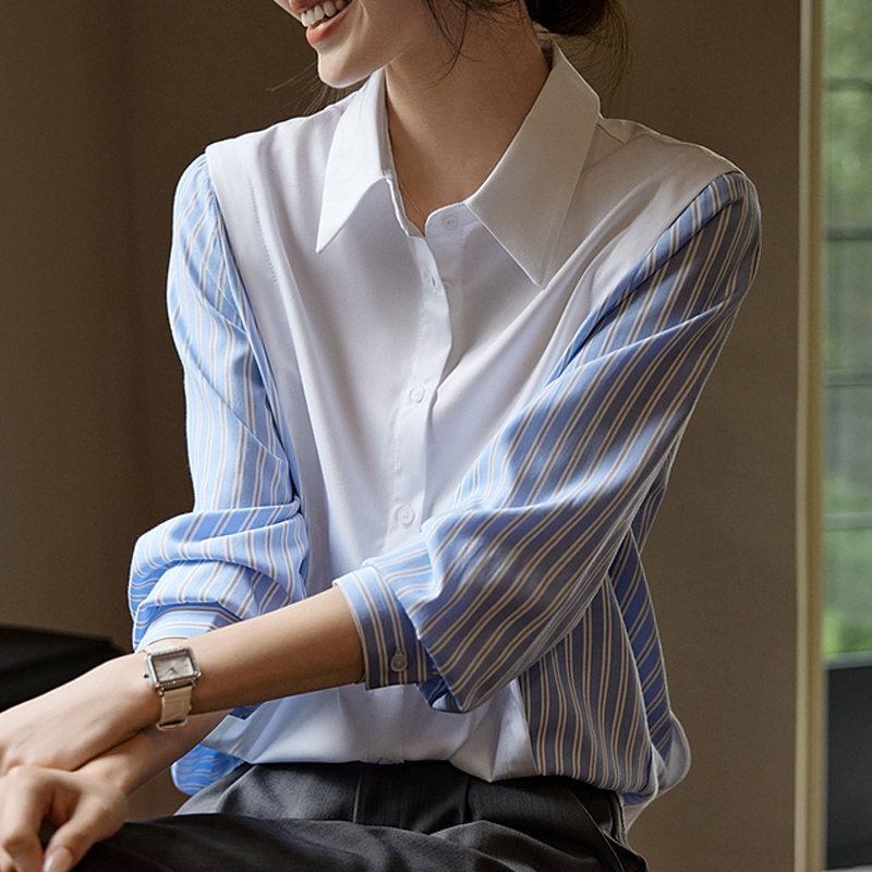 設計感撞色假兩件拼接條紋襯衫