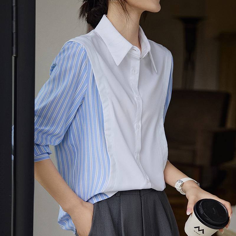 設計感撞色假兩件拼接條紋襯衫