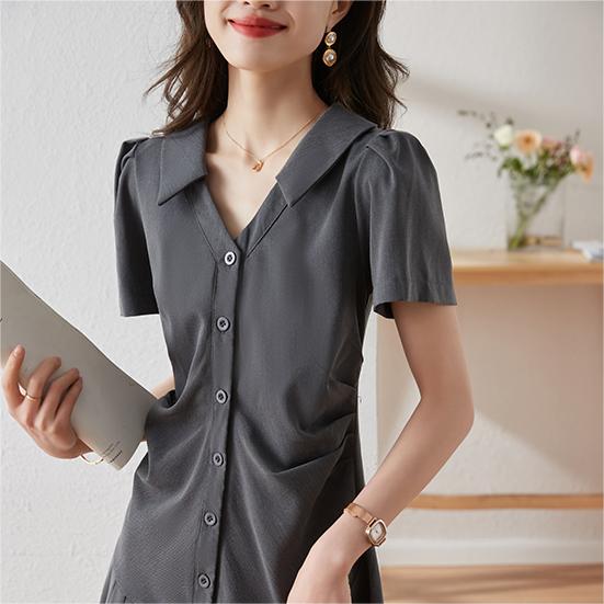 氣質修身抽褶襯衫洋裝