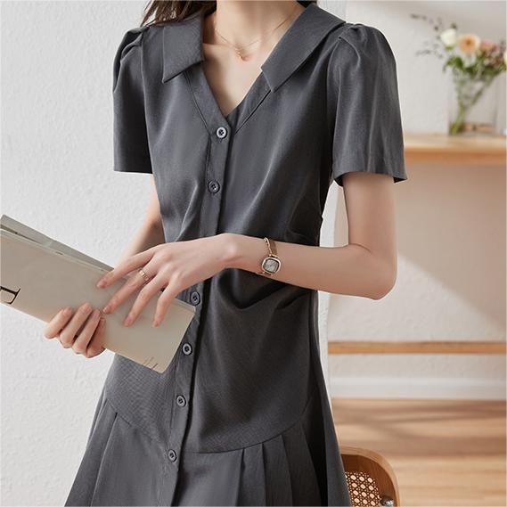 氣質修身抽褶襯衫洋裝