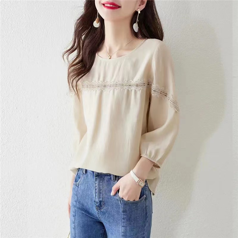 設計感拼接圓領泡泡袖襯衫