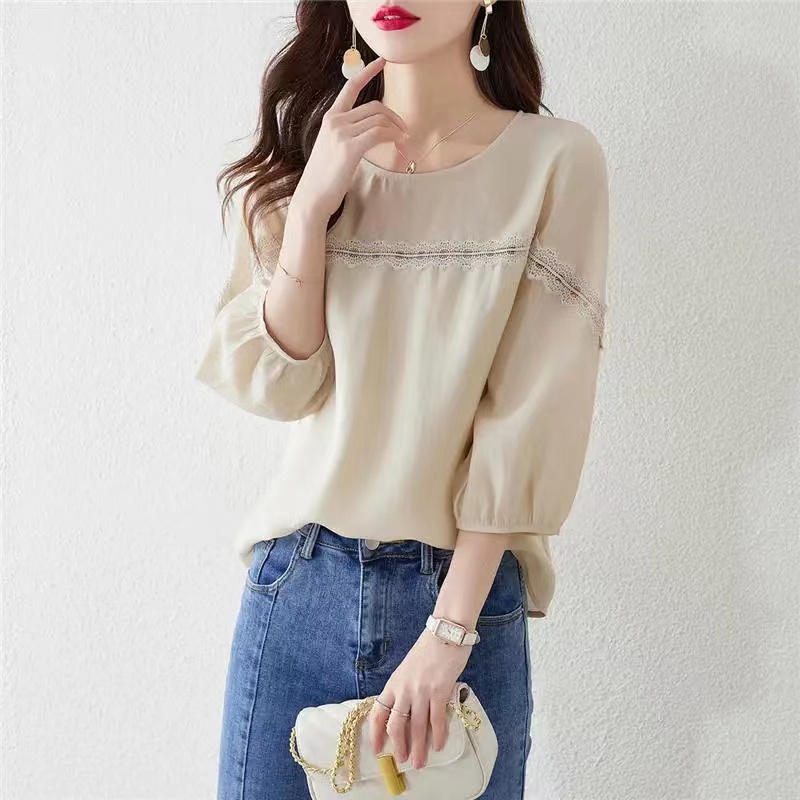 設計感拼接圓領泡泡袖襯衫