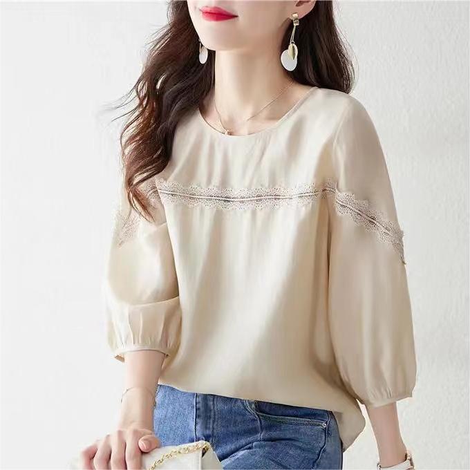 設計感拼接圓領泡泡袖襯衫