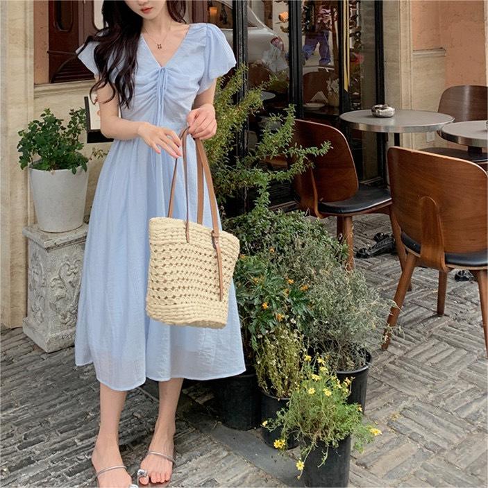 韓式甜美V領收腰綁帶連身裙