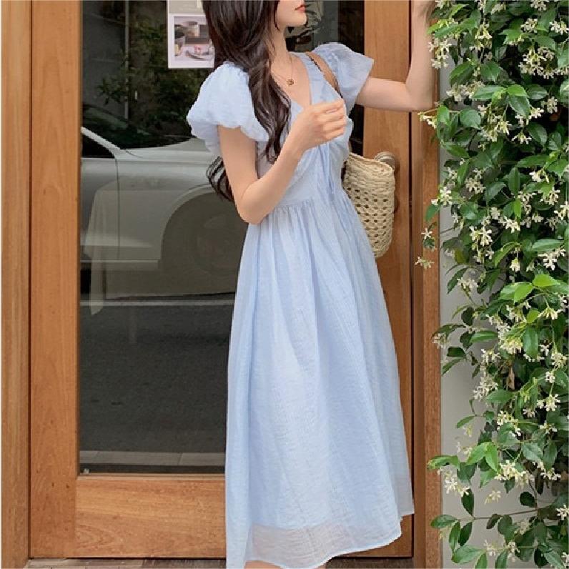 韓式甜美V領收腰綁帶連身裙