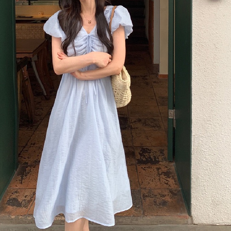 韓式甜美V領收腰綁帶連身裙