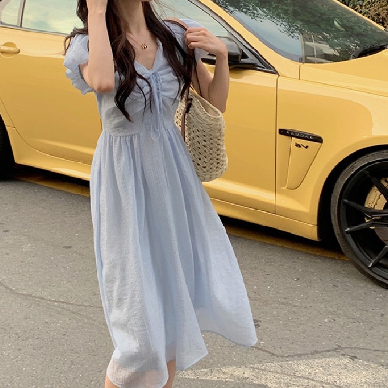 韓式甜美V領收腰綁帶連身裙