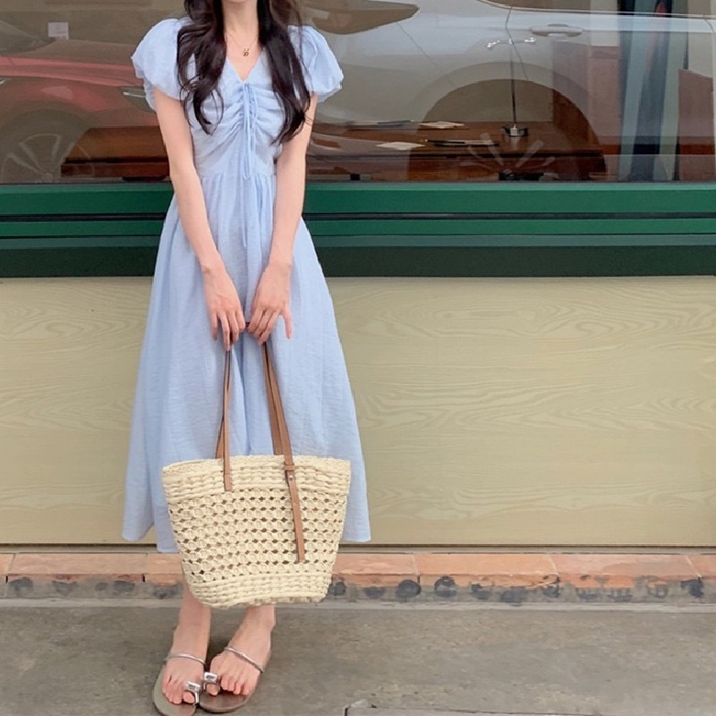 韓式甜美V領收腰綁帶連身裙