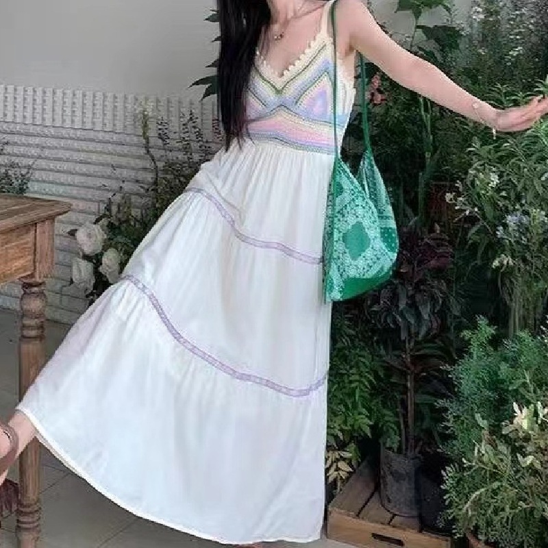 民族風鏤空拼接吊帶洋裝