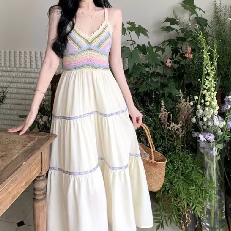 民族風鏤空拼接吊帶洋裝